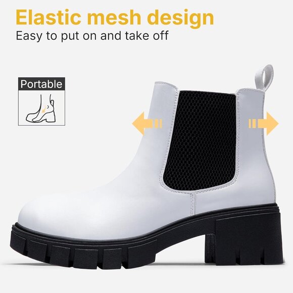 Vepose Women's White Faux Leather Lug Sole Elastic Slip on Ankle Booties - Picture 8 of 9